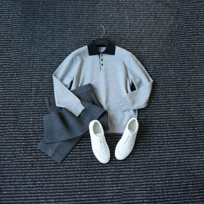 领子撞色羊毛混纺针织POLO衫男