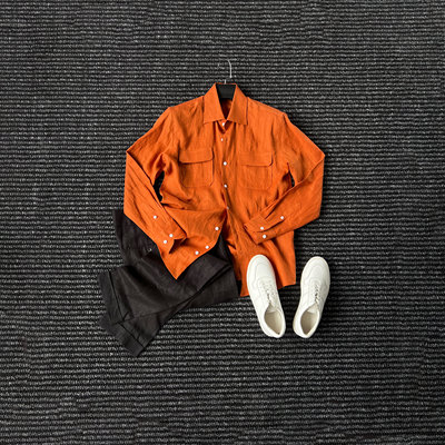 100亚麻双口袋长袖衬衫男