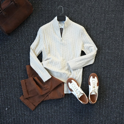 CssuGent 秋冬半开拉链麻花针织羊毛衫男休闲高端商务休闲打底衫