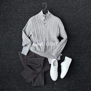 冬季加厚半高领麻花针织毛衣男士时尚扭花老钱风羊毛打底衫上衣