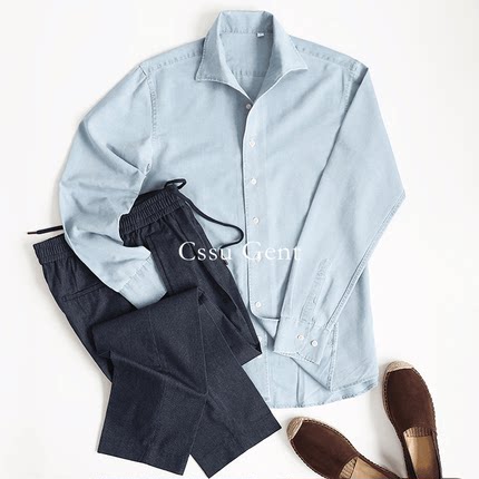 意式一片领水洗深蓝色牛仔衬衫男士时尚商务雅痞丹宁绅士修身衬衣