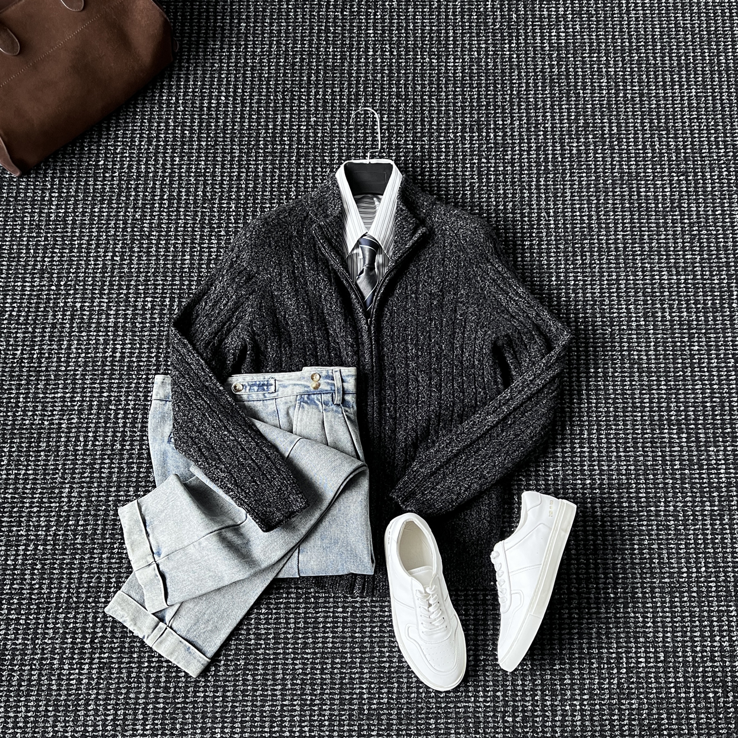 高定绞花厚款保暖开衫男