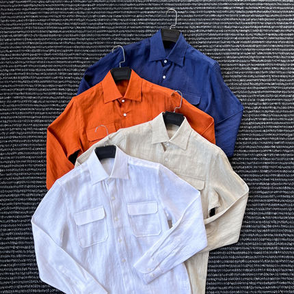 CssuGent顶奢100%雨露亚麻双口袋长袖衬衫男绅士休闲痞帅商务衬衣