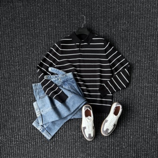 CssuGent冬季经典条纹针织POLO衫毛衣男休闲商务老干部打底衫毛衣