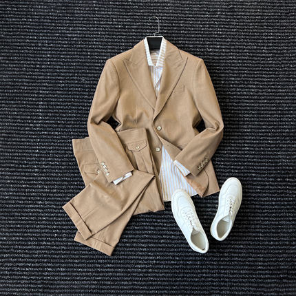 CssuGent绅士优雅戗驳领单排扣西服男时尚通勤老钱风商务西装套装