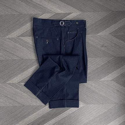 意式高级感那不勒斯高腰复古斜纹牛仔直筒九分裤男绅士廓尔格西裤