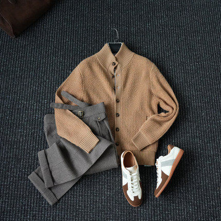 CssuGent (100%绵羊毛) 设计美学轻奢老钱开衫外套男休闲保暖针织