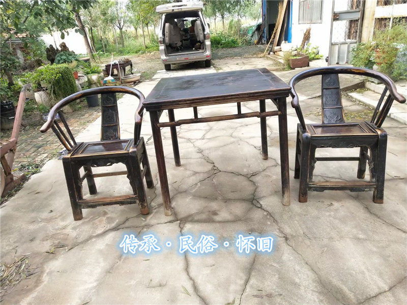 民俗老物件明清家具旧圈椅老椅子扶手椅茶室主椅中堂方桌椅三件套