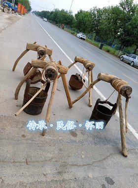 民俗老物件古代木桶老水桶怀旧辘轳木水桶水井辘轳架木盆旧木花盆