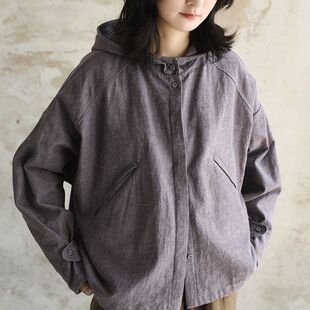 26春新款重磅高支亚麻棉连帽休闲早秋外套女2025新款韩系长袖上衣