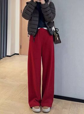 设计暗红色窄版加厚加绒阔腿直筒裤高腰休闲裤女冬新H1226A