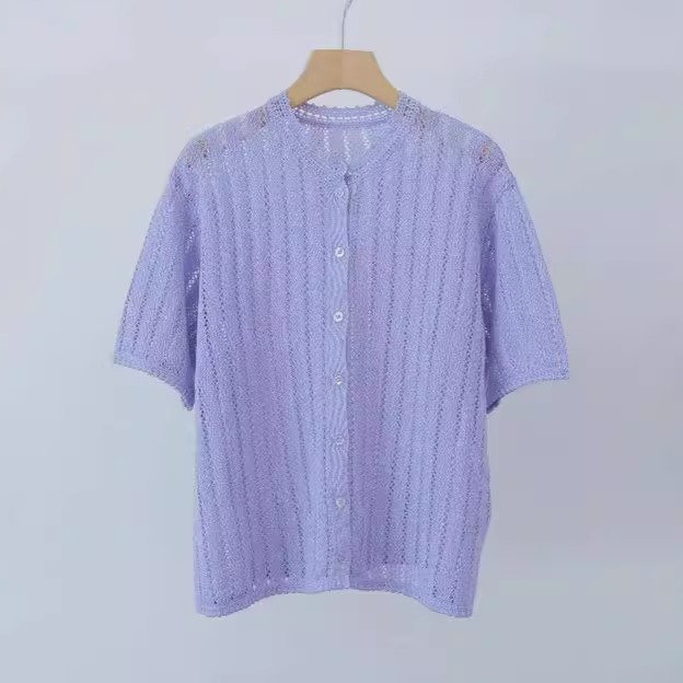 高品和纸纱+棉夏季宽松时髦镂空钩花针织开衫短袖洋气减龄上衣女