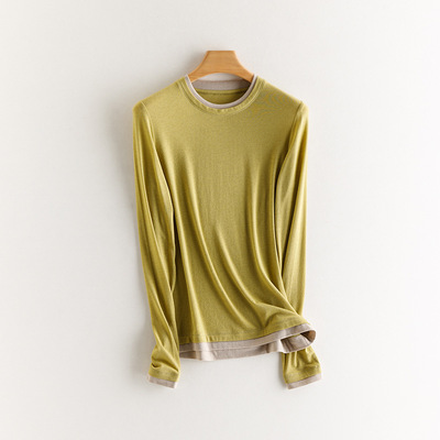 秋季新款丝光拼色假两件针织衫