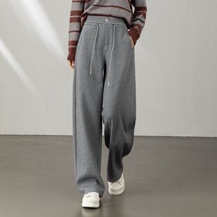 春款高腰阔腿裤松紧腰抽绳显瘦宽松直筒休闲女裤长裤