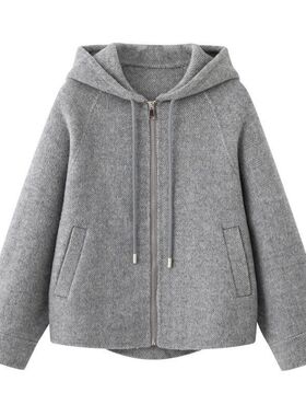 女装2025冬季新款气质通勤灰色连帽毛呢短外套4FA170571