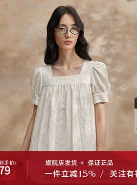 播泡泡袖连衣裙女商场同款夏新款宽松气质方领短袖裙子BDR2LD1071