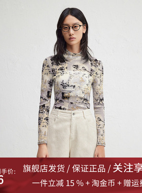 播商场同款复古印花半高领T恤女24秋冬新款修身打底衫BDR4YD3998