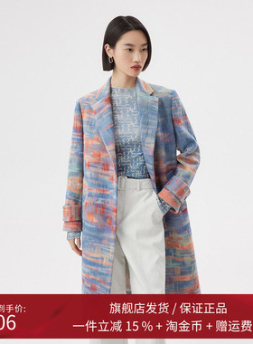 播2023春季新款光影抽象印花图案针刺晕染毛呢大衣女BDQ1AD0402