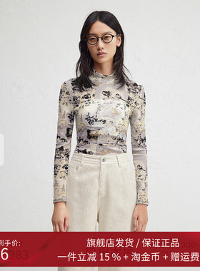 播商场同款复古印花半高领T恤女24秋冬新款修身打底衫BDR4YD3998