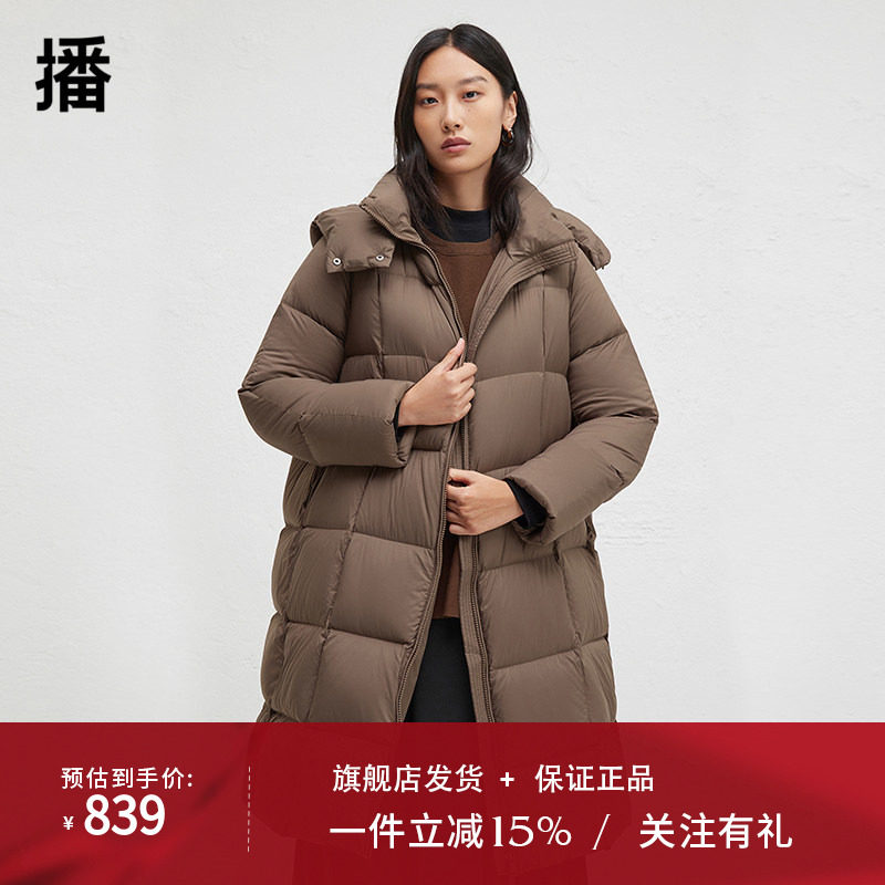 播2024冬季新款90白鸭绒立领连帽羽绒服女中长款外套DDR4RD5078