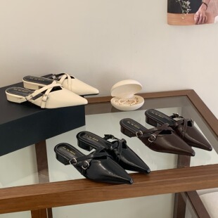 2026春季新款韩版气质尖头金属扣带包头半拖一字扣带粗跟凉拖女鞋