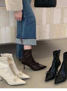 羊皮版~白色尖头细跟性感短靴女蝴蝶结高跟瘦瘦靴弹力高级感裸靴