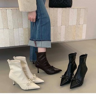 羊皮版~白色尖头细跟性感短靴女蝴蝶结高跟瘦瘦靴弹力高级感裸靴
