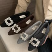 2025年秋冬新款 女 浅口加绒保暖棉鞋 水钻方扣平底单鞋 名媛气质时尚