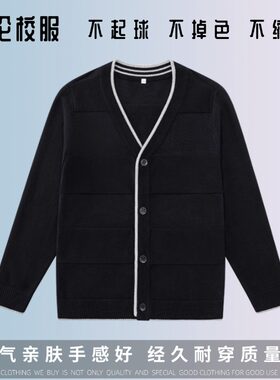 英伦学院15M083学生春秋纯棉长袖毛衫校服男女童浅灰藏青针织毛衣