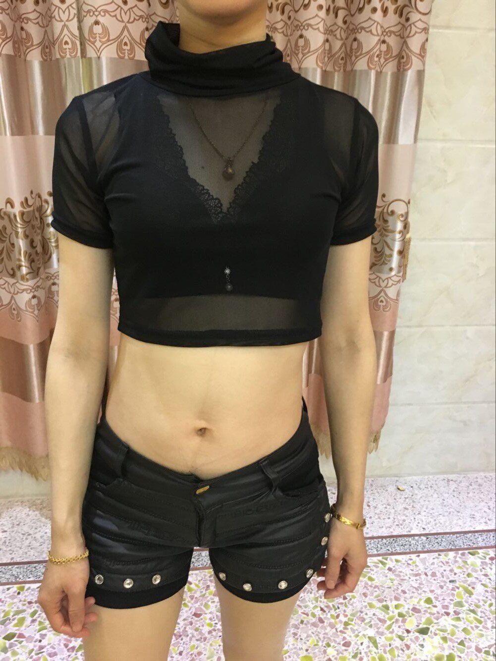 网纱背心立领蕾丝无袖短款打底衫