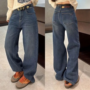 直筒牛仔裤 欧洲站2025冬季 欧货后腰拼色皮质定标口袋爱心刺绣窄版