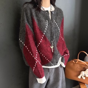 欧洲站25秋季圆领单排扣复古菱格拼色宽松慵懒高级马海毛针织开衫