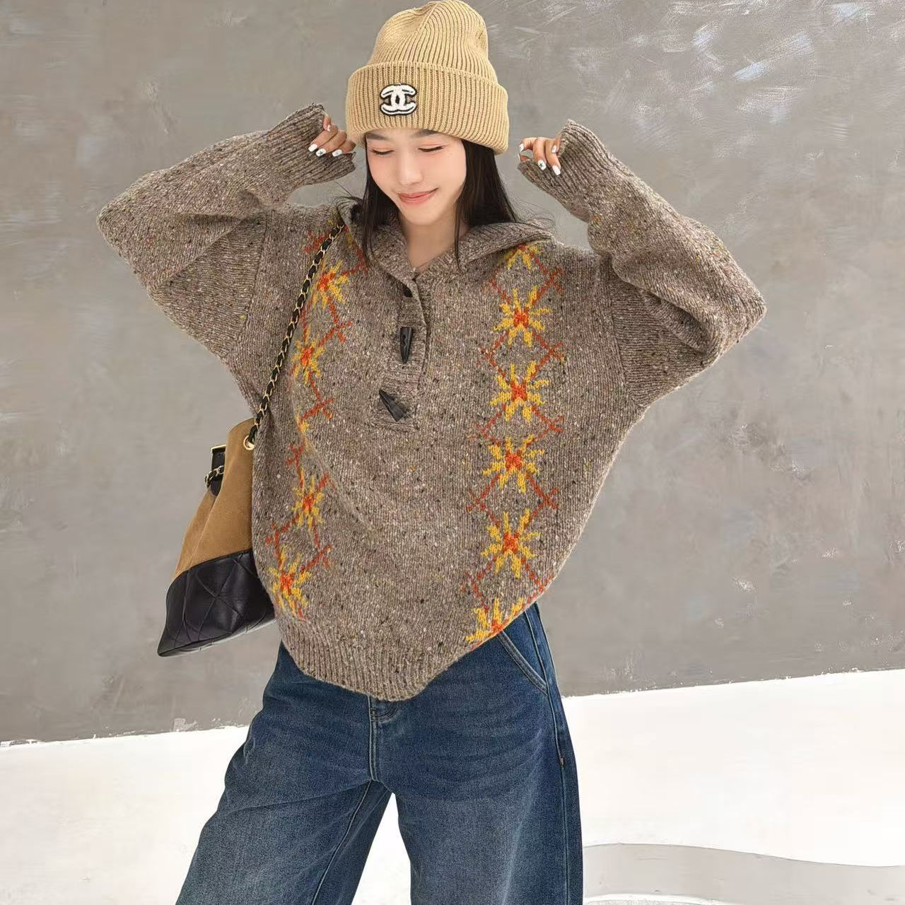 欧洲站2025秋冬新款连帽慵懒氛围感加厚杂色菱格羊毛针织衫帽衫女