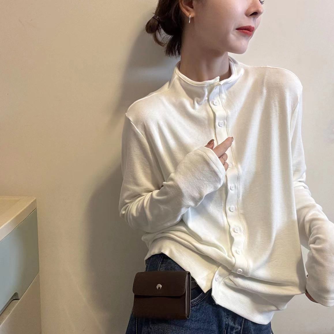 单排扣长袖宽松百搭T恤上衣潮