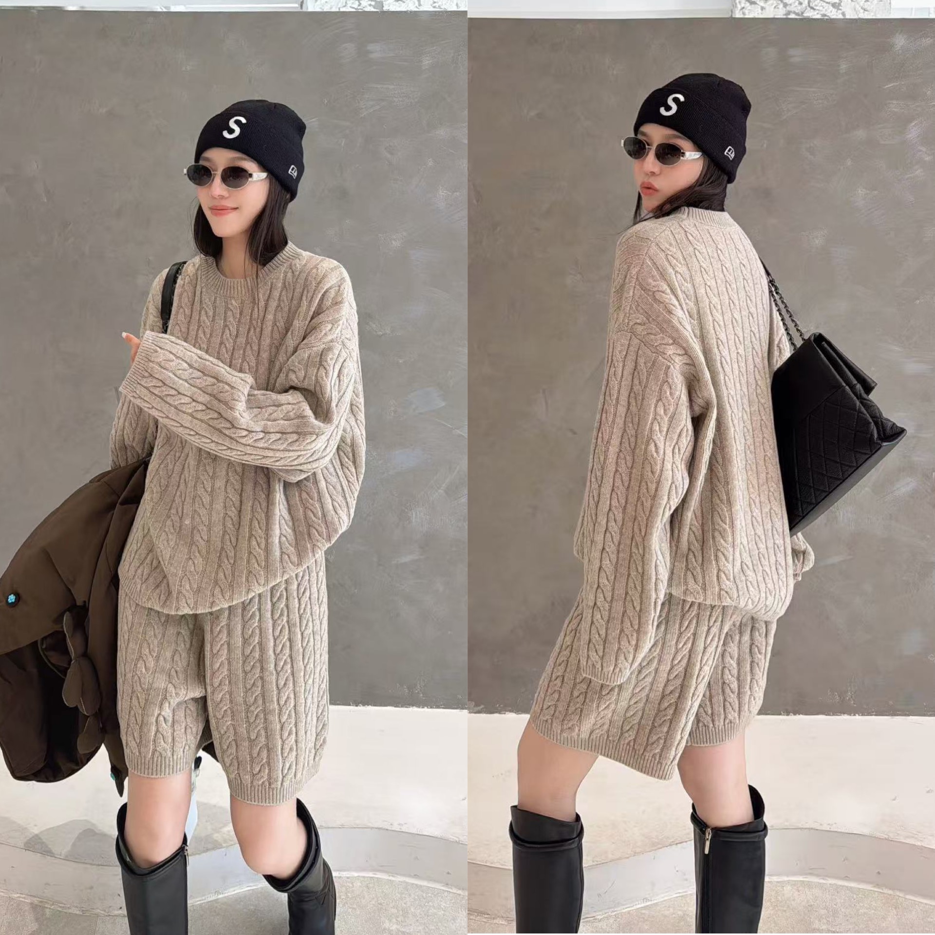 欧洲站2025冬季圆领落肩慵懒风竖条麻花羊毛针织衫短裤时髦套装女