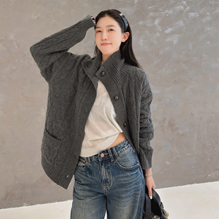 毛衣潮 欧货大版 欧洲站2025秋季 立领落肩单排扣麻花纹理羊毛针织衫
