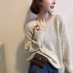 韩版 百搭线衫 圆领套头落肩袖 时尚 潮 杂线钉珠针织衫 欧洲站2025秋季