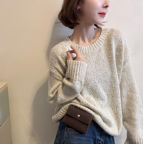 欧洲站2025秋季韩版圆领套头落肩袖杂线钉珠针织衫时尚百搭线衫潮