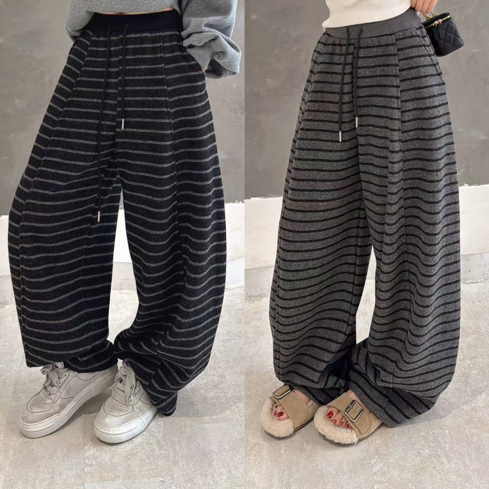 欧洲站2025冬季欧货调性慵懒风细条纹拼色前压线软糯加绒休闲裤潮