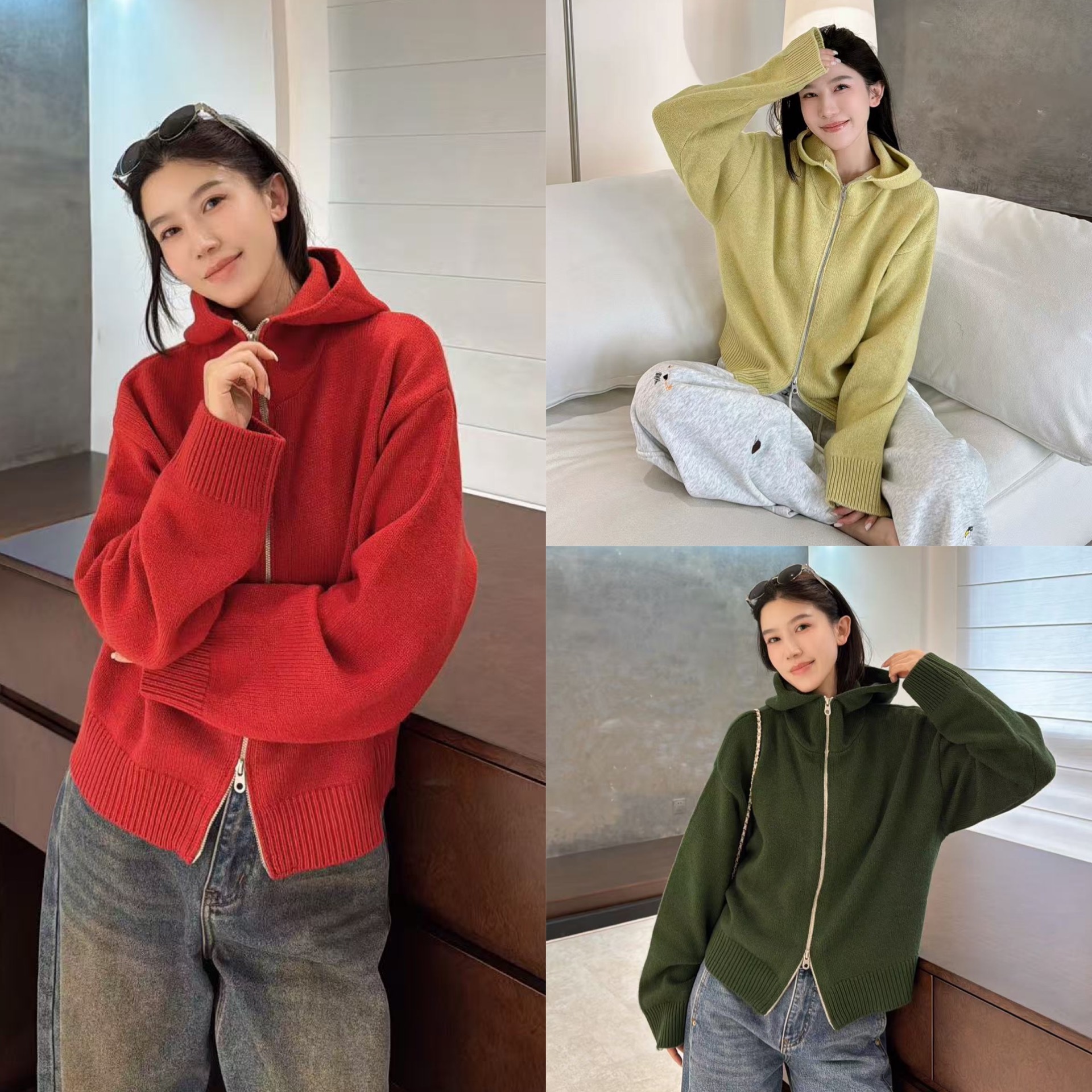 欧洲站2025冬季欧货时尚连帽立领双拉链设计糖果色羊毛针织衫开衫