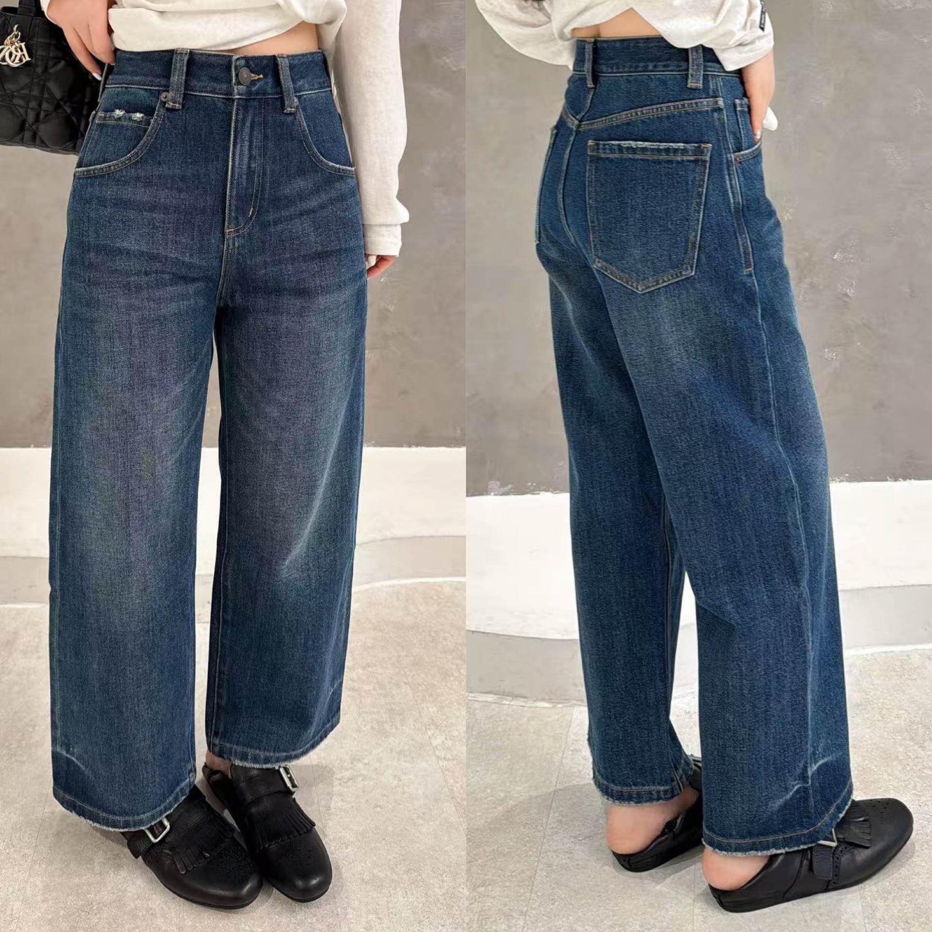 欧洲站2025冬季欧货高腰一粒扣口袋磨破直筒九分牛仔裤拉绒法棍裤