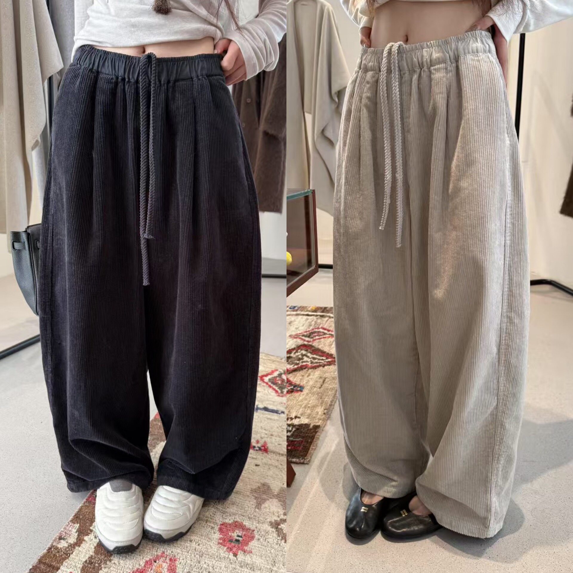 欧洲站2025冬季加厚条绒裤松紧腰抽绳百搭韩系休闲裤灯芯绒长裤女