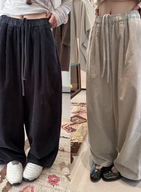 欧洲站2025冬季加厚条绒裤松紧腰抽绳百搭韩系休闲裤灯芯绒长裤女