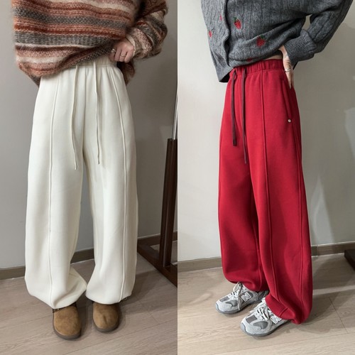 欧洲站2025冬季松紧腰抽绳直筒慵懒侧口袋贝壳扣加绒休闲裤卫裤潮
