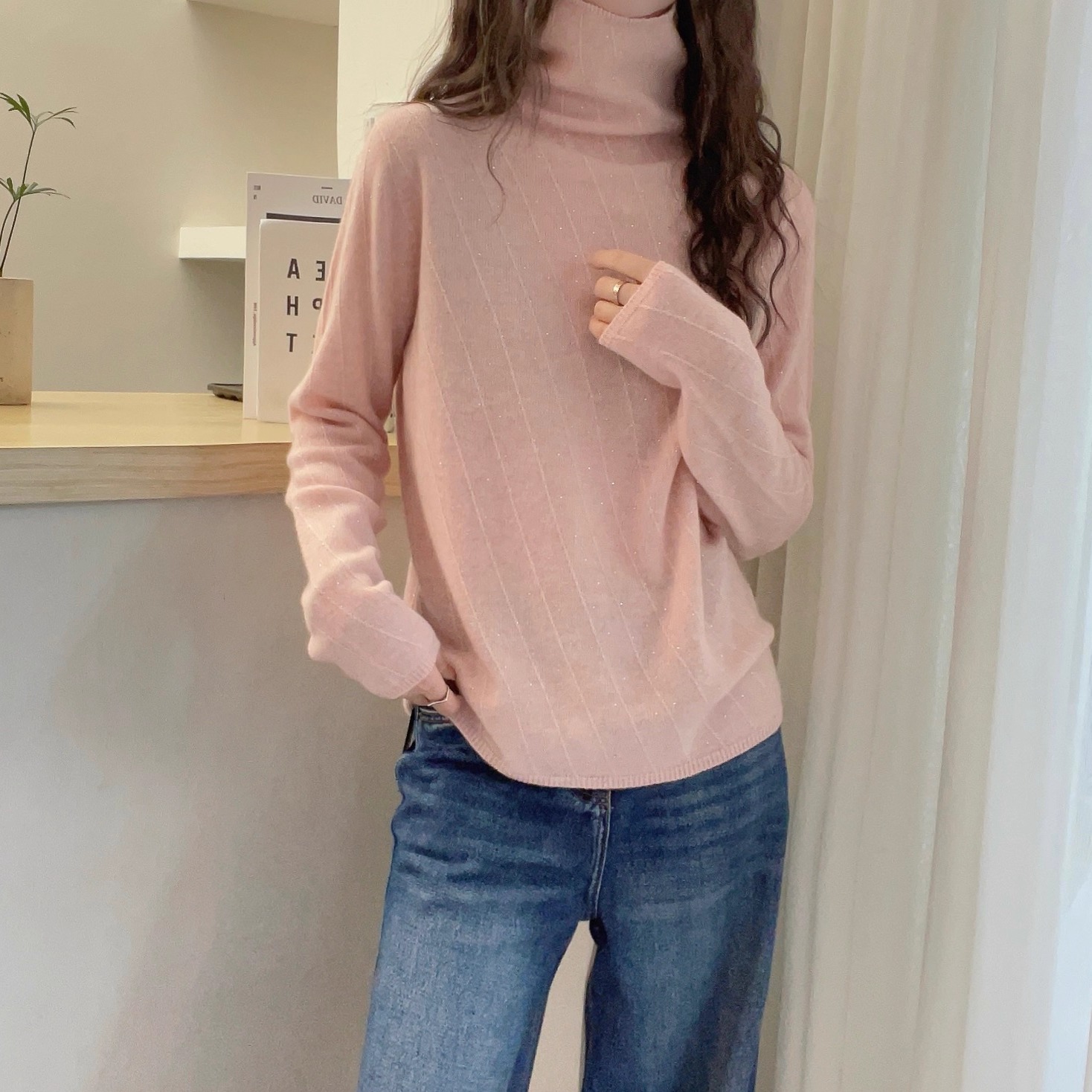 欧洲站2025冬季新款堆堆领净版纯色斜纹理烫钻山羊绒针织衫毛衣女