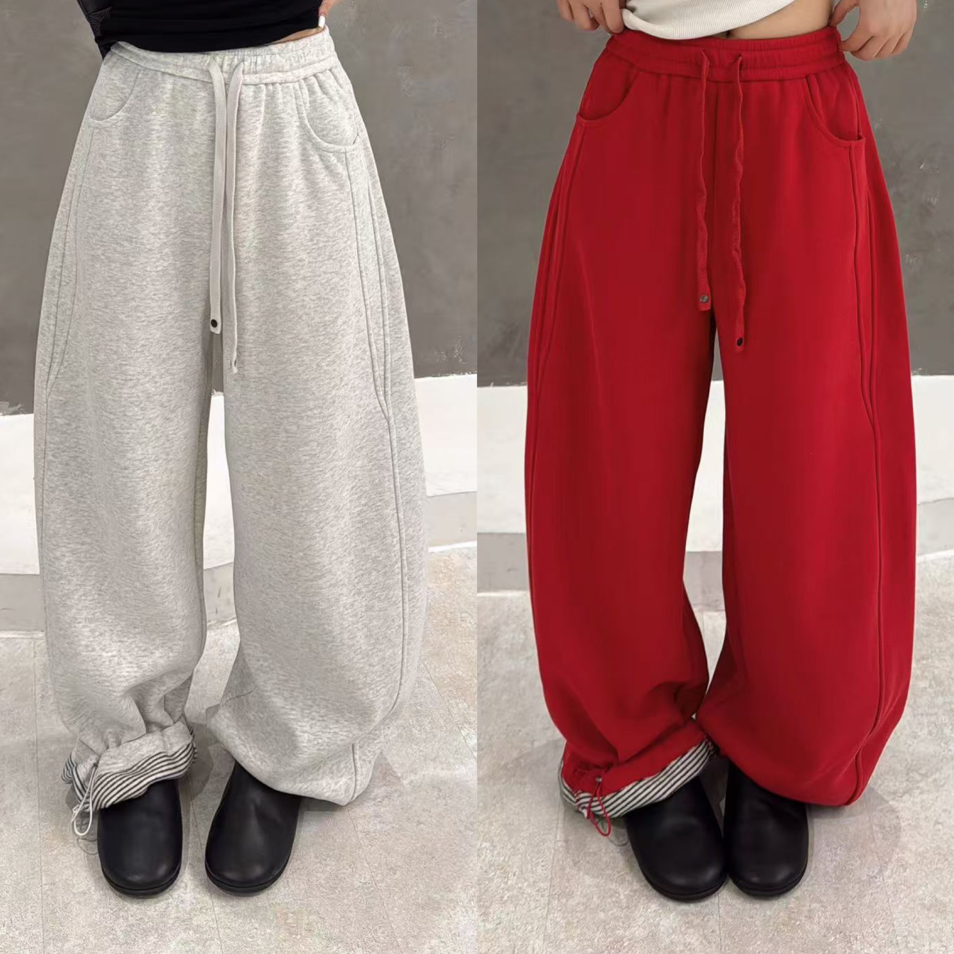 欧洲站2025秋冬新款松紧腰抽绳口袋压线慵懒休闲裤内里条纹卫裤潮