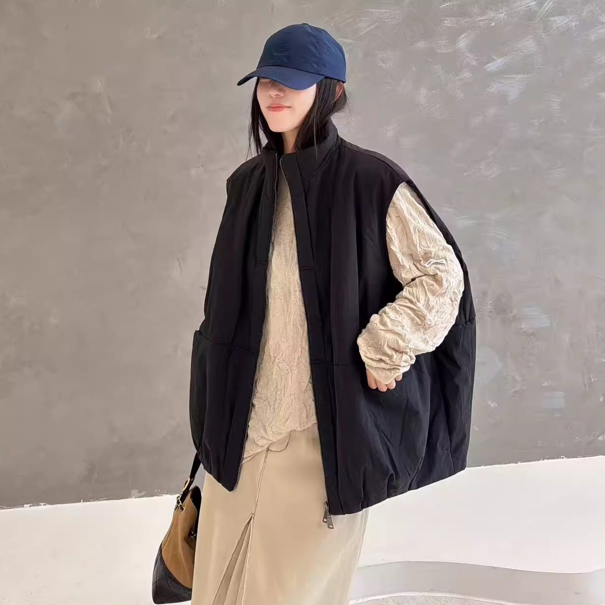 欧洲站2025秋冬新款欧货时尚立领盖袖A字版竖插口袋棉衣马甲外套