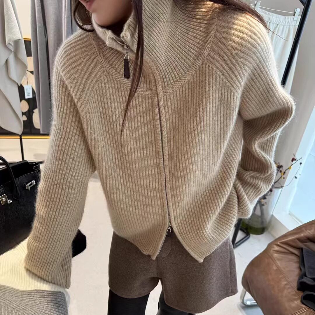 欧洲站2025冬季立领韩系双拉链头落肩加厚蜜熊绒针织毛衣开衫外套