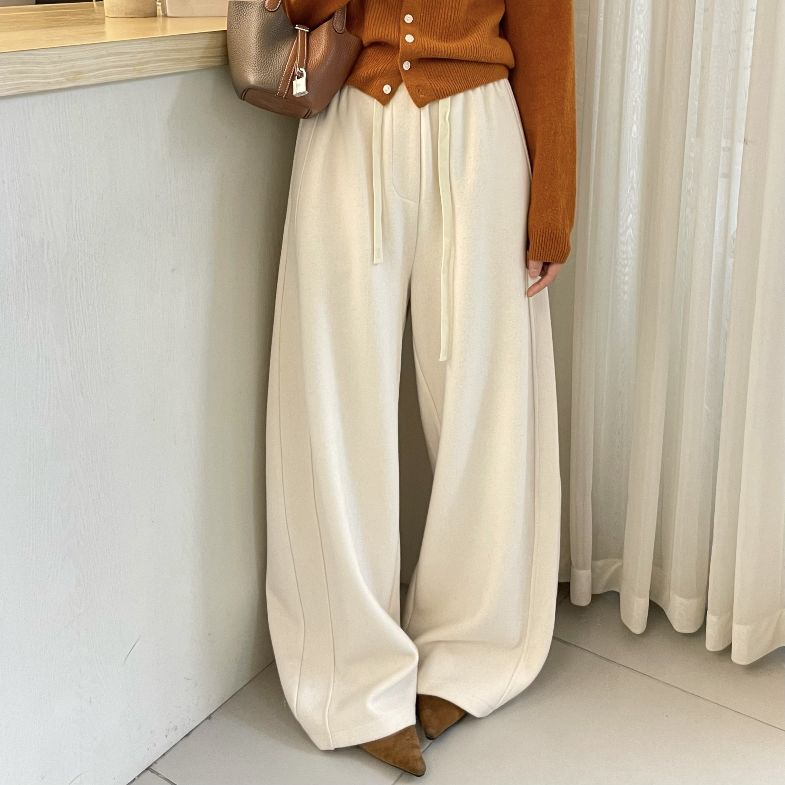 欧洲站2025秋冬新款松紧腰抽绳侧压线口袋一粒扣人棉羊毛休闲裤潮