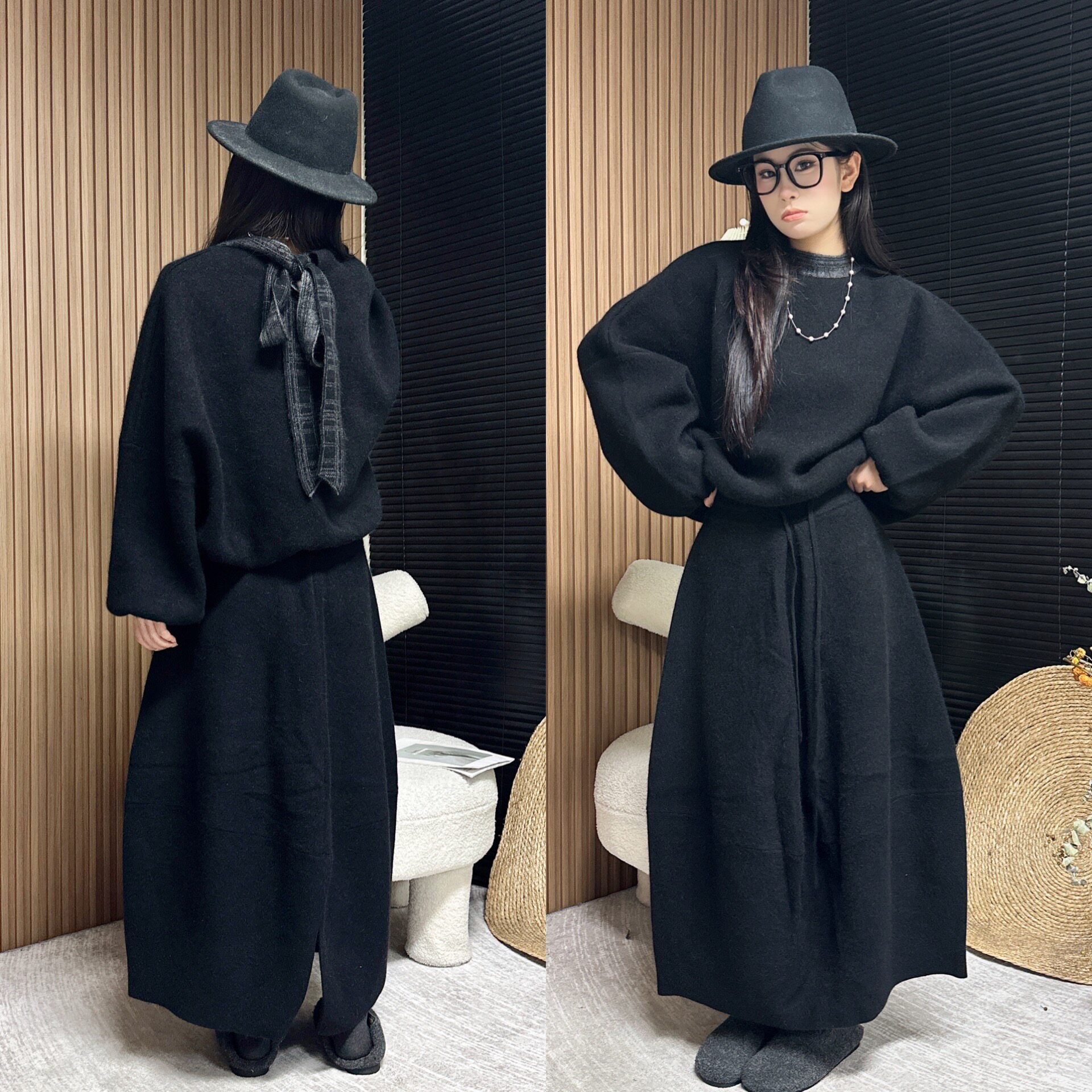 欧洲站2025冬季名媛气质立领格子飘带灯笼袖上衣半身裙浣熊绒套装